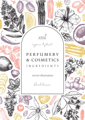 Aromatic plants card template. Perfumery ingredients frame. Flower, fruit, spice, herb sketches. Hand drawn vector illustration. Cosmetics packaging concept